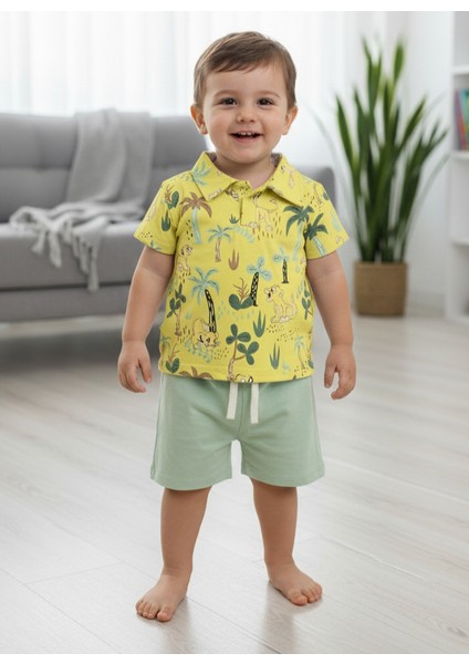 Orman Desenli Erkek Bebek Çocuk Yazlık Kısa Kollu Şortlu Takım 6-9 Ay, 9-12 Ay, 12-18 Ay, 18-24 Ay