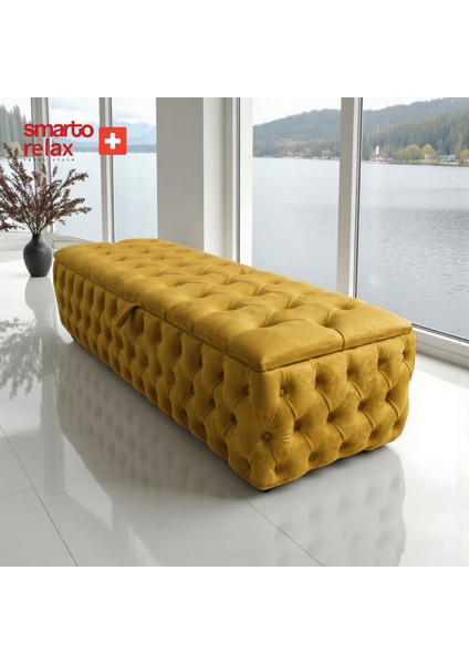 Swiss Style Puf Saas-Fee Sandıklı baby face Puf, Kapitoneli Sandıklı, 110x45x40 cm, Babyface Kaplama Dekoratif puf(Sarı)