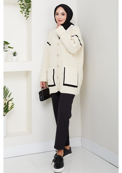 Ilge Düğmeli Triko Hırka 1597 - Ekru indirimleri