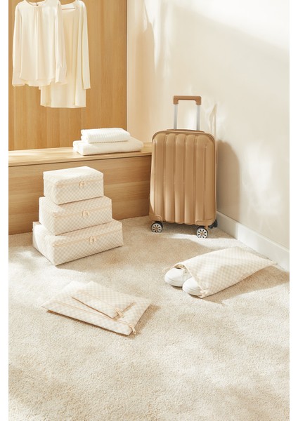 6'lı Yıkanabilir Bej Dama Desen Pamuklu Bavul Içi Düzenleyici Set