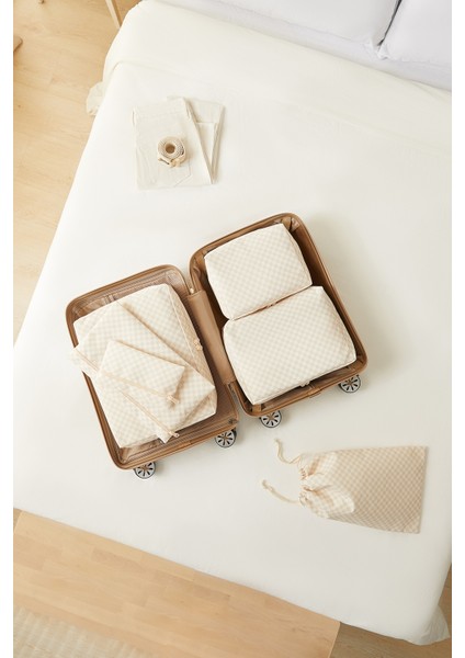 6'lı Yıkanabilir Bej Dama Desen Pamuklu Bavul Içi Düzenleyici Set fiyatları