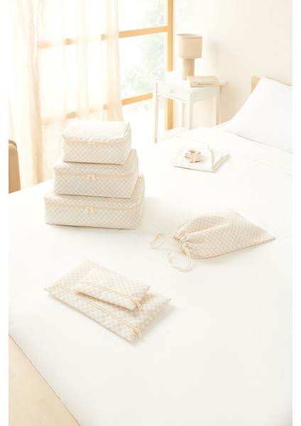 6'lı Yıkanabilir Bej Dama Desen Pamuklu Bavul Içi Düzenleyici Set modelleri