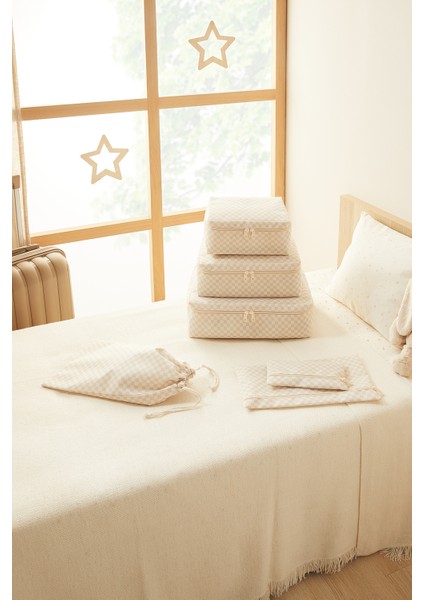 6'lı Yıkanabilir Bej Dama Desen Pamuklu Bavul Içi Düzenleyici Set fırsatları