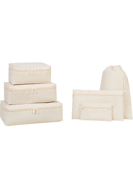 6'lı Yıkanabilir Bej Dama Desen Pamuklu Bavul Içi Düzenleyici Set