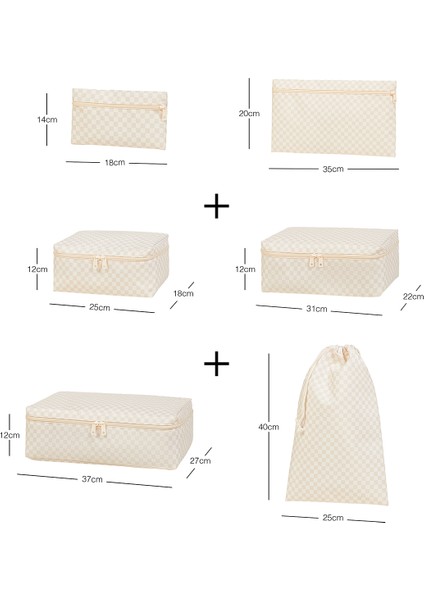6'lı Yıkanabilir Bej Dama Desen Pamuklu Bavul Içi Düzenleyici Set