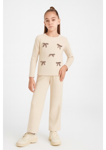 Kız Çocuk Waffle Kumaş Fiyonk Detaylı Alt Üst Takım AK13586