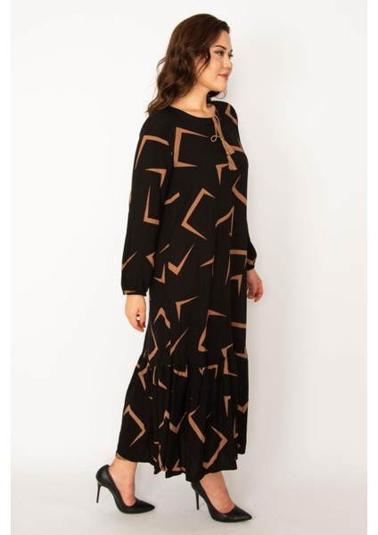 Kadın Siyah Dokuma Viskon Kumaş Etek Ucu Katlı Uzun Kollu Elbise 65N33526 fiyatları