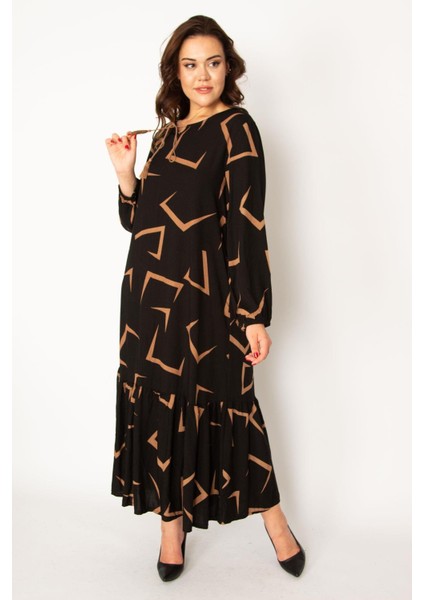 Kadın Siyah Dokuma Viskon Kumaş Etek Ucu Katlı Uzun Kollu Elbise 65N33526 fırsatları