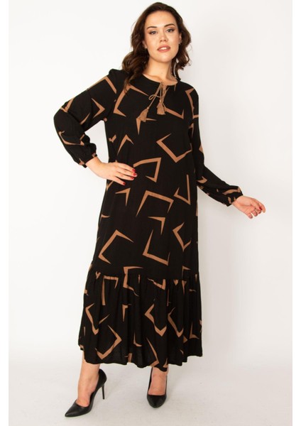Kadın Siyah Dokuma Viskon Kumaş Etek Ucu Katlı Uzun Kollu Elbise 65N33526 indirimleri
