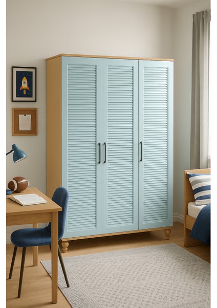 Mavi MDF 3 Kapaklı Dolap | REHAU Kaplama Kapaklar | Ağaç Ayaklar