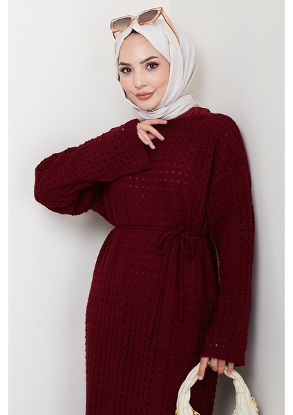 Kemerli Dantel Detay Astarlı Triko Elbise 1602 - Bordo fiyatları