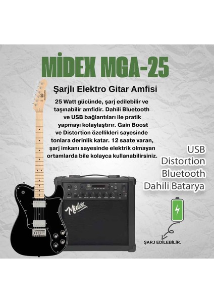 TLX-60BK-25AMP Telecaster Maple Klavye HH 25 W Amfili Elektro Gitar Seti fiyatları