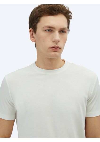 Ekru Düz Bisiklet Yaka T-Shirt modelleri