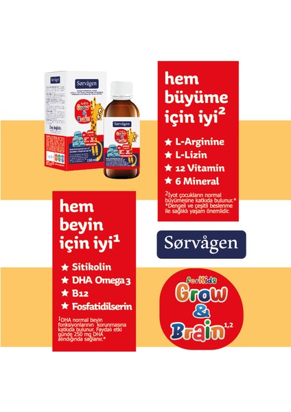 Grow&brain L-Arjinin, Sitikolin, Fosfatidilserin, Dha Omega 3, B12, L- Lizin, Multi Vitamin&mineral Sıvı 150 ml fırsatları