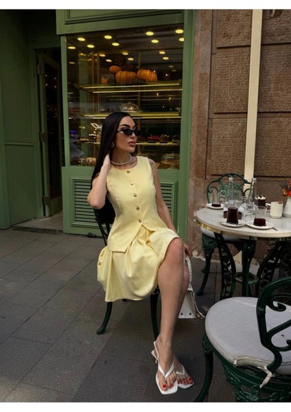 Kadın Sarı Etek Yelek Takım modelleri
