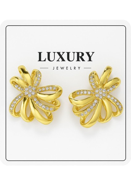 Parlak Taşla Süslenmiş Fiyonk Temalı Çelik Küpe