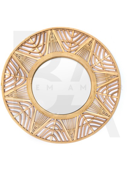 Yuvarlak Dalgalı Yıldız Desenli Bambu Rattan Ayna