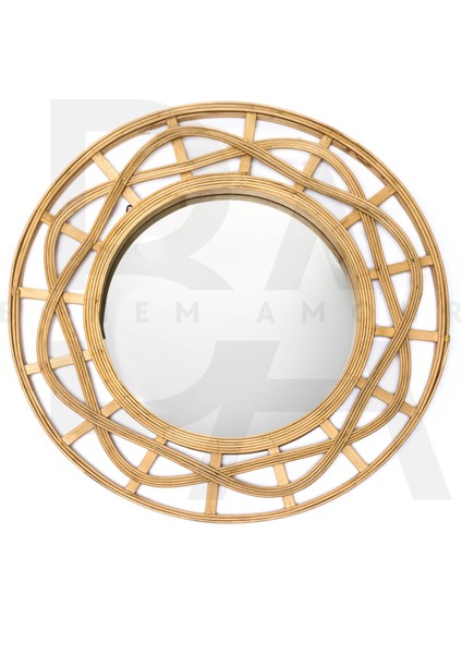 Yuvarlak Kıvrım Hatlı Bambu Rattan Ayna