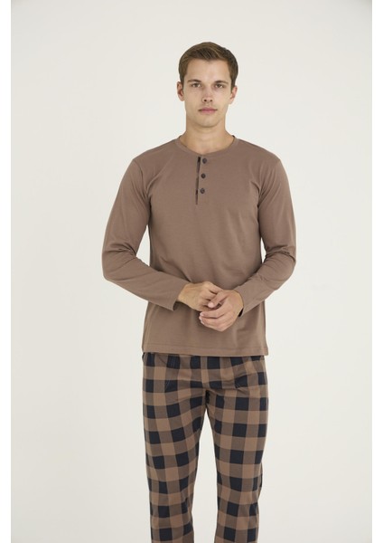 Erkek %100 Pamuklu Düğmeli Yaka Ekose Desen Uzun Kollu Pijama Takım