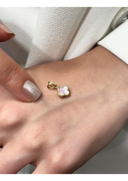 14 Ayar Altın Pembe Sedefli Taşlı Yonca Kolye Ucu