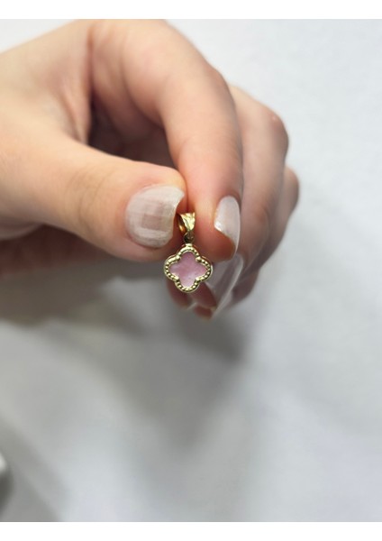 14 Ayar Altın Pembe Sedefli Taşlı Yonca Kolye Ucu modelleri