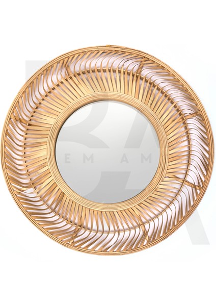Yuvarlak Kıvrım Güneş Motifli Bambu Rattan Ayna