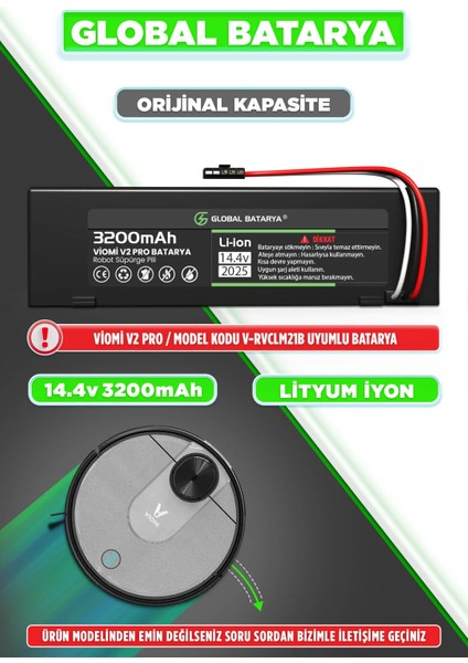 Viomi V2 Pro Uyumlu Akıllı Robot Süpürge Bataryası 14.4V 3200mAh Li-ion Pil (Orijinal Kapasite)