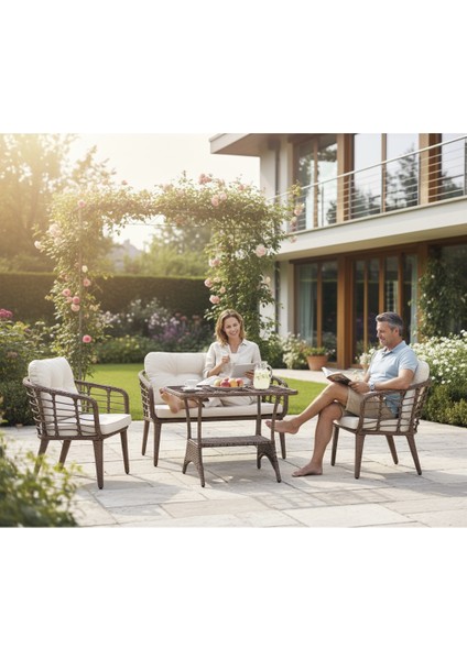 Kartepe 2 1 1 Rattan Bahçe Balkon Takımı,kahve Örgü/krem Kumaş