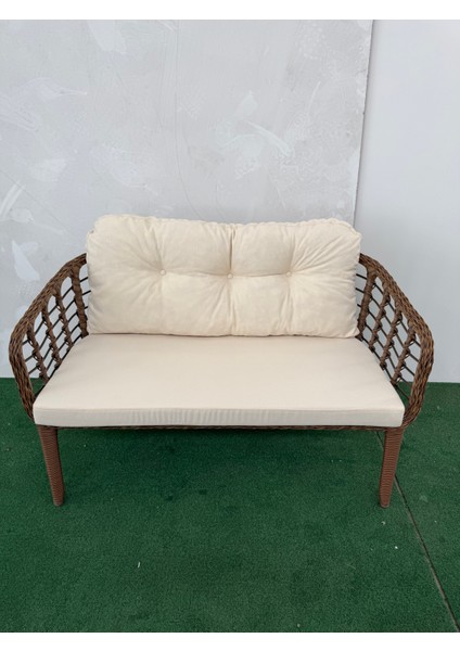 Kartepe 2 1 1 Rattan Bahçe Balkon Takımı,kahve Örgü/krem Kumaş
