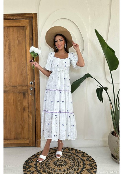 Dantel Detaylı Brode Elbise