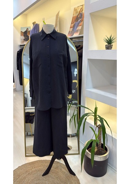 1021 Kendinden Çizgili Pantolonlu Takım - Siyah