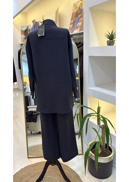 1021 Kendinden Çizgili Pantolonlu Takım - Siyah indirimleri