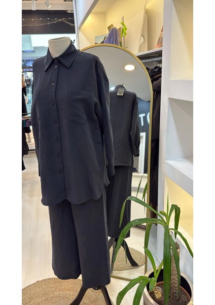 1021 Kendinden Çizgili Pantolonlu Takım - Siyah