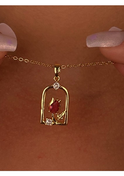 Kırmızı Gül Resim Tablosu Çelik Gold Kolye Minimalist Hediyelik Günlük Kolye Zirkon Taş