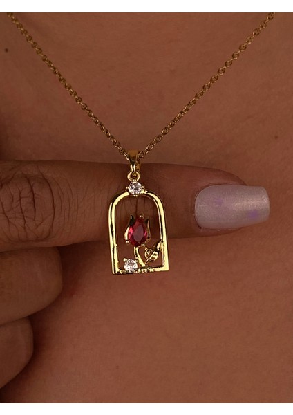 Kırmızı Gül Resim Tablosu Çelik Gold Kolye Minimalist Hediyelik Günlük Kolye Zirkon Taş fiyatları