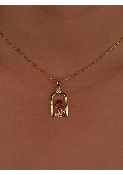 Kırmızı Gül Resim Tablosu Çelik Gold Kolye Minimalist Hediyelik Günlük Kolye Zirkon Taş indirimleri