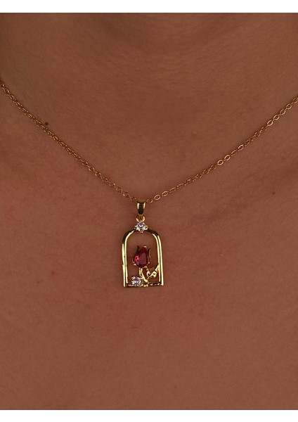 Kırmızı Gül Resim Tablosu Çelik Gold Kolye Minimalist Hediyelik Günlük Kolye Zirkon Taş