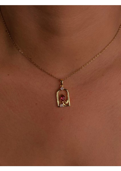 Kırmızı Gül Resim Tablosu Çelik Gold Kolye Minimalist Hediyelik Günlük Kolye Zirkon Taş