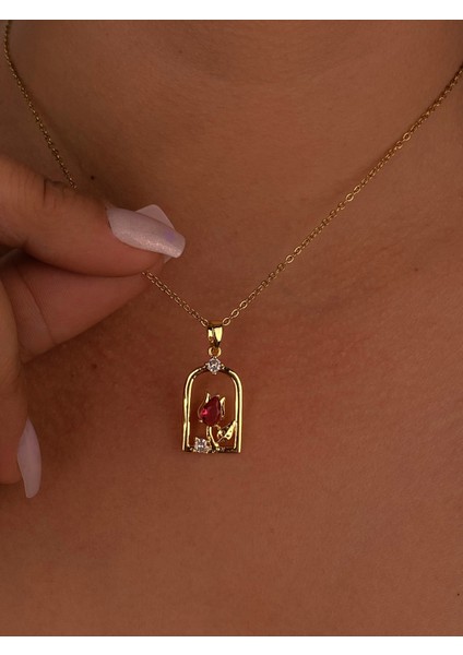 Kırmızı Gül Resim Tablosu Çelik Gold Kolye Minimalist Hediyelik Günlük Kolye Zirkon Taş