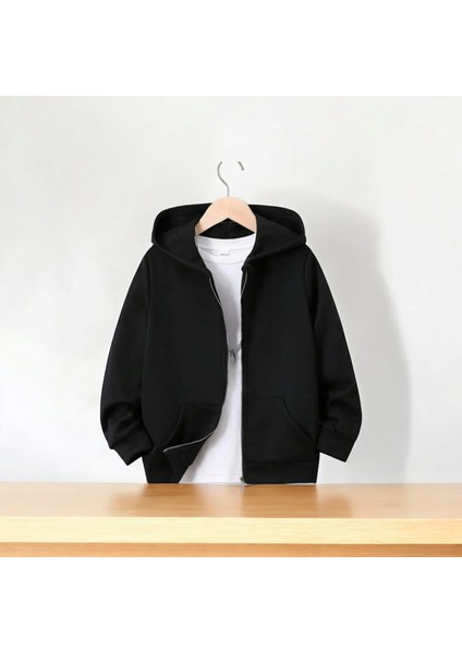 Siyah Fermuarlı Kapüşonlu Unisex Sweatshirt