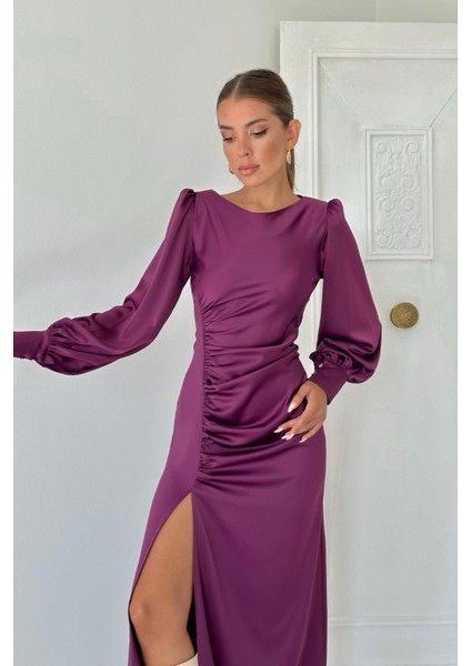 Yanı Büzgülü Yırtmaçlı Saten Elbise fiyatları