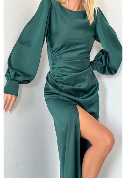 Yanı Büzgülü Yırtmaçlı Saten Elbise modelleri