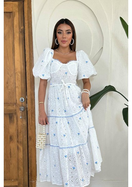 Dantel Detaylı Brode Elbise