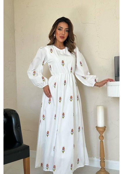 Lale Desenli Brode Elbise modelleri