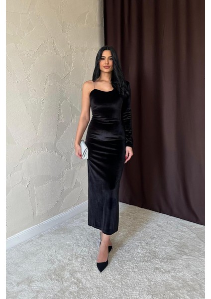 Tek Omuzlu Taş Askılı Elbise