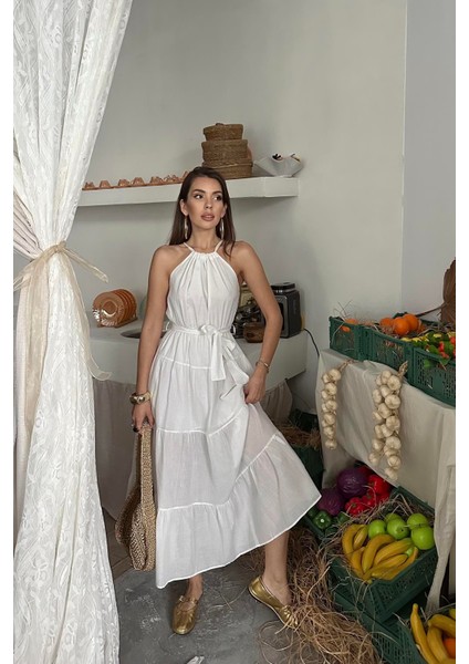 Halter Yakalı Kuşaklı Elbise modelleri