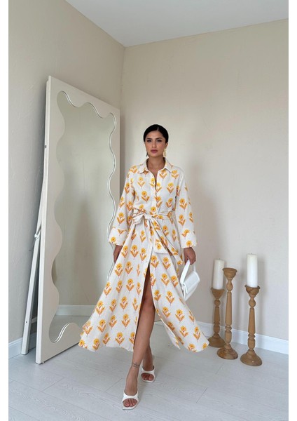 Desenli ve Önü Düğmeli Keten Elbise