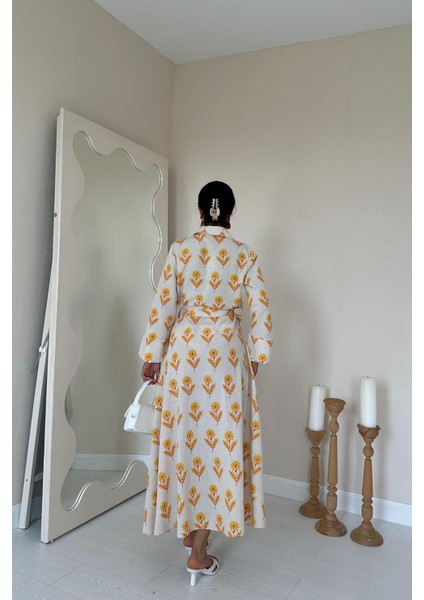 Desenli ve Önü Düğmeli Keten Elbise fırsatları