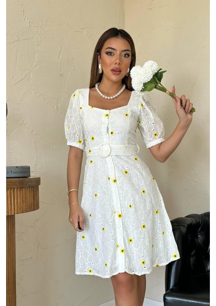 Kemerli Kare Yaka Elbise fırsatları