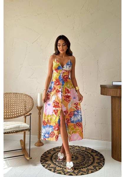 Sırt Dekolteli Keten Elbise